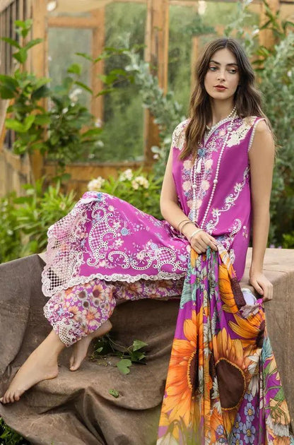 Mushq - 3PC Lawn Embroidered Shirt with Printed Silk Dupatta (Unstitched) - RF1367 Royal Pret