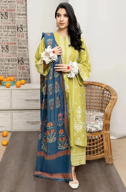 Urge - 3PC Unstitched Dhanak Embroidered Shirt with Digital Printed Dupatta and Embroidered Trouser - RF1272 Royal Pret