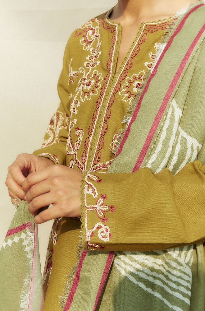 Zara Shah Jahan - 3PC Unstitched Dhanak Embroidered Shirt with Printed Pashmina Shawl and Trouser - RF1256