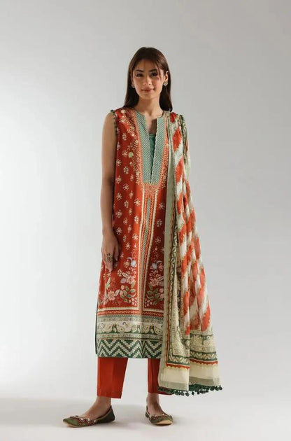 Ethnc - 3PC Banadora Lawn Printed Shirt with Printed Voil Dupatta (Unstitched) - RF1397 Royal Pret