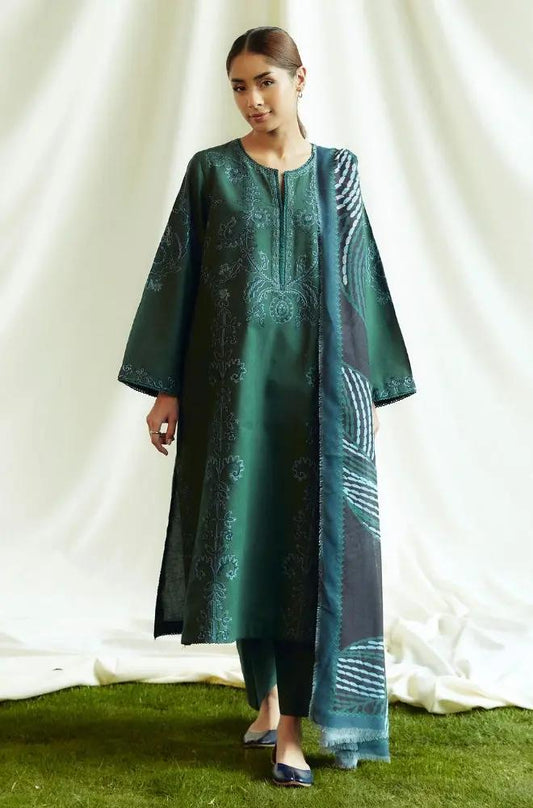 Zara Shah Jahan - 3PC Unstitched Dhanak Embroidered Shirt with Printed Pashmina Shawl and Trouser - RF1262 Royal Pret