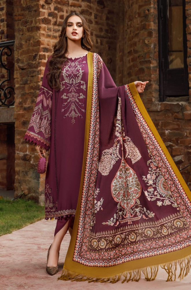 Maria B - 3PC Unstitched Dhanak Embroidered Shirt with Printed Shawl and Trouser - RF1203