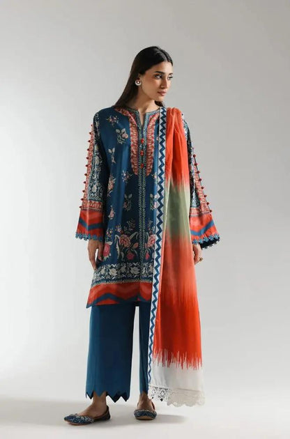 Ethnc - 3PC Banadora Lawn Printed Shirt with Printed Voil Dupatta (Unstitched) - RF1398 Royal Pret