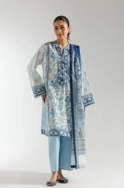 Ethnc - 3PC Banadora Lawn Printed Shirt with Printed Voil Dupatta (Unstitched) - RF1401 Royal Pret