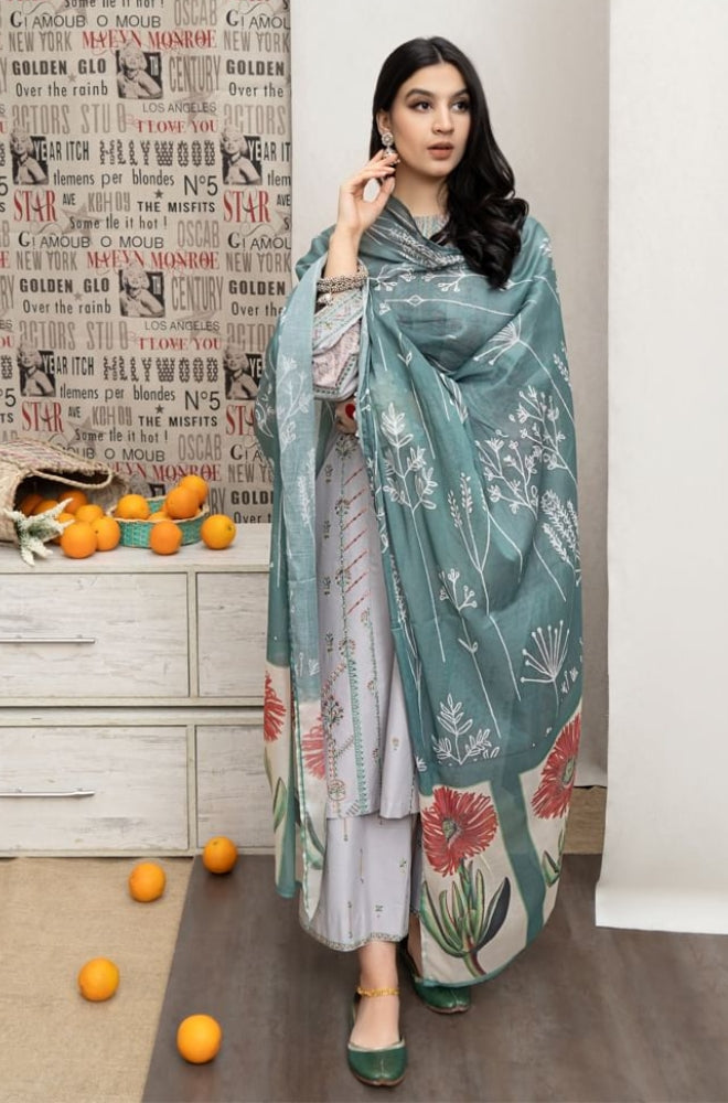 Urge - 3PC Unstitched Dhanak Embroidered Shirt with Printed Pashmina Shawl and Embroidered Trouser - RF1186