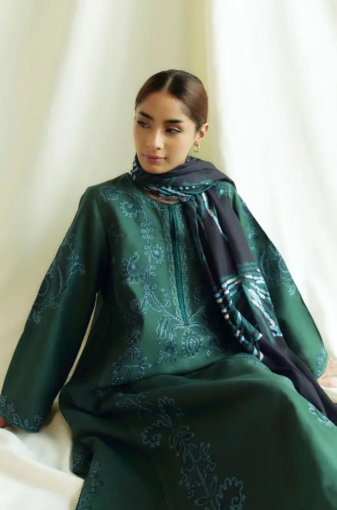 Zara Shah Jahan - 3PC Unstitched Dhanak Embroidered Shirt with Printed Pashmina Shawl and Trouser - RF1262 Royal Pret
