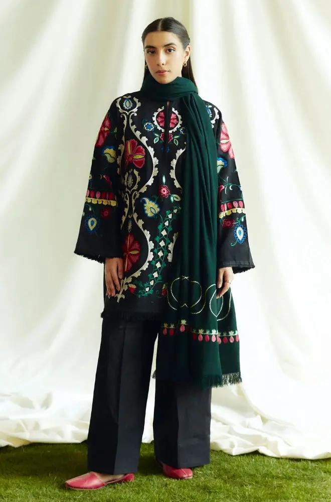 Zara Shah Jahan - 3PC Unstitched Dhanak Embroidered Shirt with Printed Pashmina Shawl and Trouser - RF1263 Royal Pret