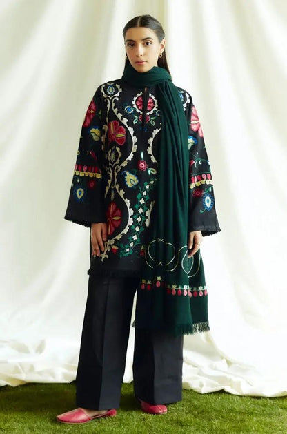 Zara Shah Jahan - 3PC Unstitched Dhanak Embroidered Shirt with Printed Pashmina Shawl and Trouser - RF1263 Royal Pret