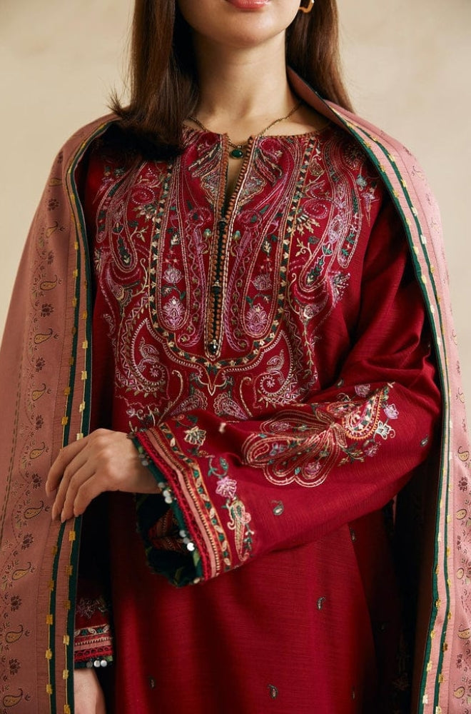 Zara Shah Jahan - 3PC Unstitched Dhanak Embroidered Shirt with Embroidered Back and Pashmina Printed Shawl - RF1145