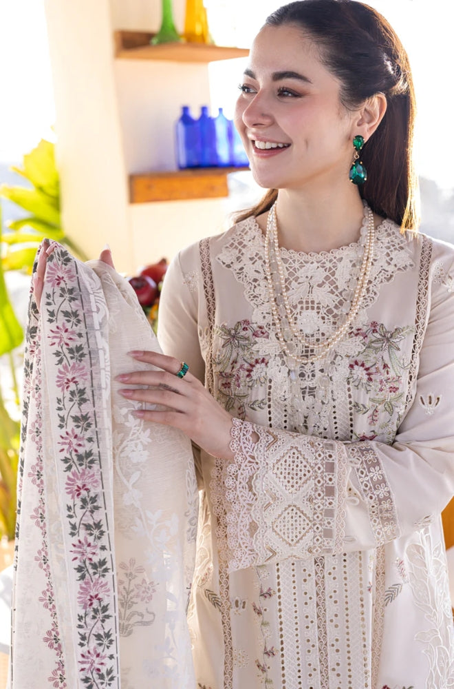 Qalamkaar - 3PC Unstitched Lawn Heavy Embroidered Shirt with Printed Slub Net Dupatta - RF1117