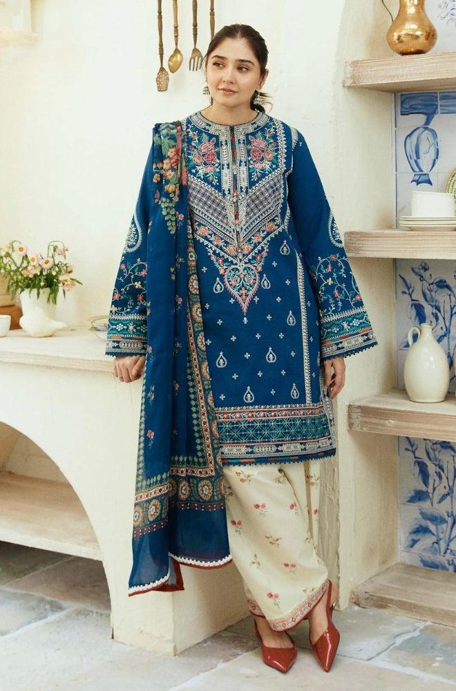 Zara Shah Jahan - 3PC Unstitched Lawn Embroidered Shirt with Digital Printed Khadi Net Dupatta and Embroidered Trousers - RF1085