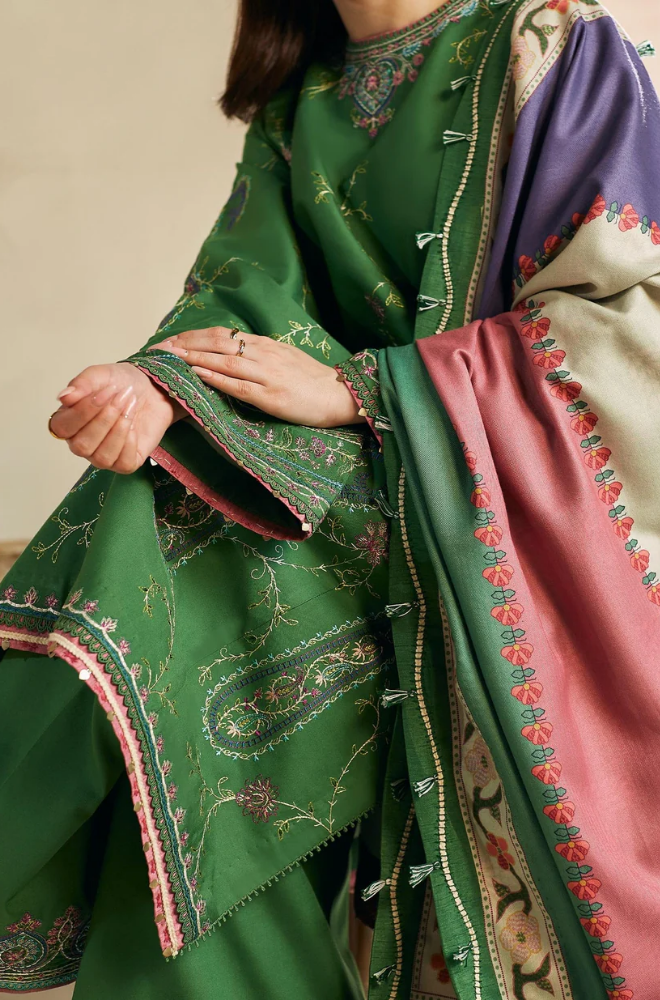 Zara Shah Jahan - 3PC Unstitched Dhanak Embroidered Shirt with Digital Printed Dupatta and Embroidered Trouser - RF1137