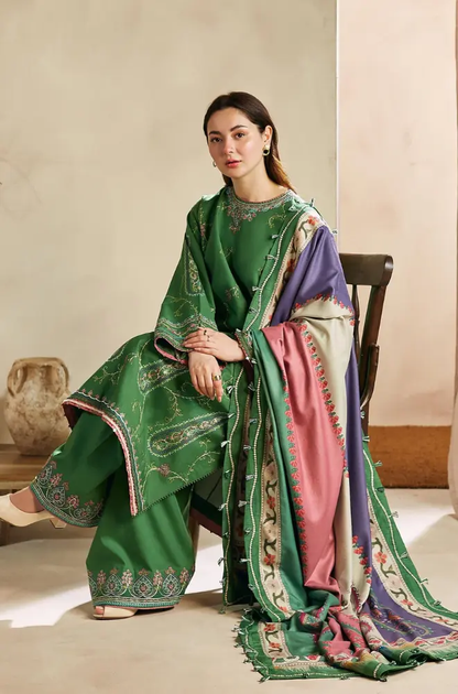 Zara Shah Jahan - 3PC Unstitched Dhanak Embroidered Shirt with Digital Printed Dupatta and Embroidered Trouser - RF1137 Royal Pret