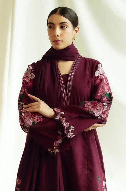 Zara Shah Jahan - 3PC Unstitched Dhanak Embroidered Shirt with Printed Pashmina Shawl and Trouser - RF1266 Royal Pret