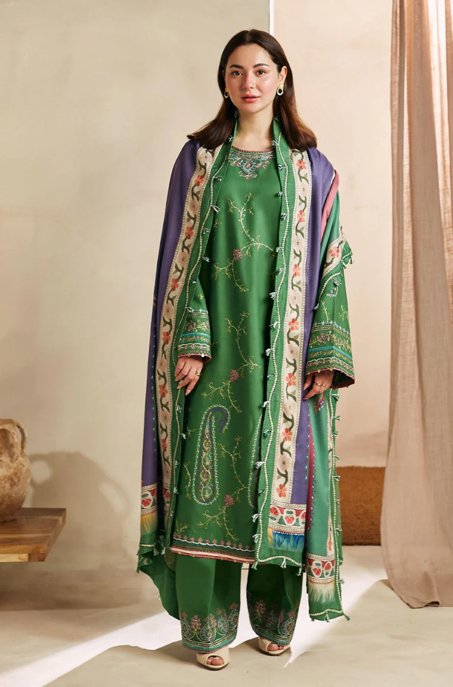 Zara Shah Jahan - 3PC Unstitched Dhanak Embroidered Shirt with Digital Printed Dupatta and Embroidered Trouser - RF1137