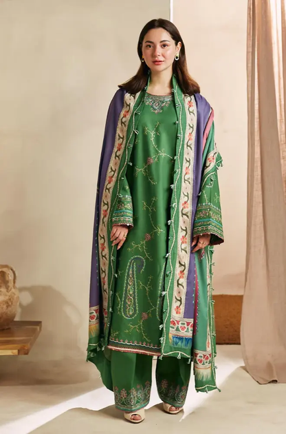 Zara Shah Jahan - 3PC Unstitched Dhanak Embroidered Shirt with Digital Printed Dupatta and Embroidered Trouser - RF1137 Royal Pret