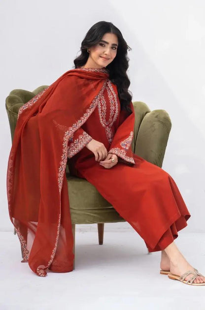 Rozana - 3PC Lawn Embroidered Shirt with Embroidered Chiffon Dupatta (Unstitched) - RF1345 Royal Pret