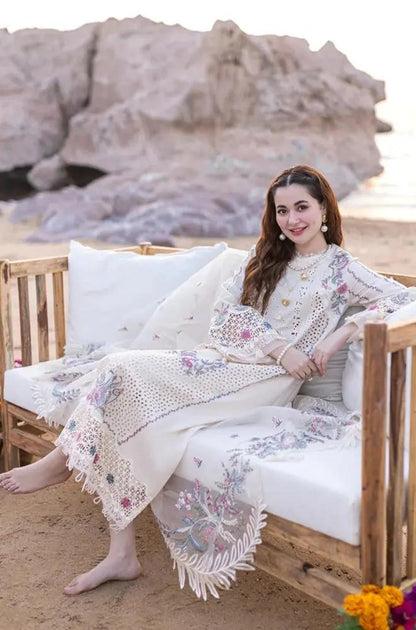 3PC Unstitched Lawn Chicken Kari Embroidered Shirt with Embroidered Organza Dupatta - RF1039 Royal Pret