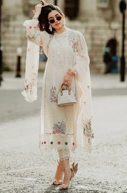 3PC Unstitched Lawn Chicken Kari Embroidered Shirt with Embroidered Organza Dupatta - RF1039 Royal Pret