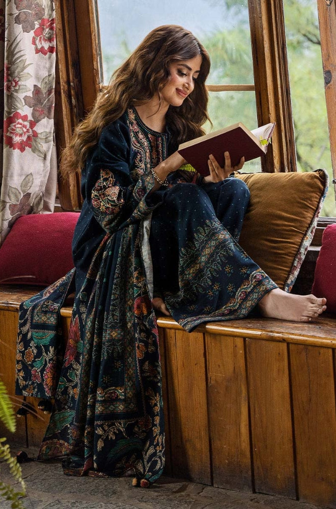 Sapphire - 3PC Unstitched Khaddar Printed and Embroidered Front with Printed Shawl and Printed Trouser - RF1234