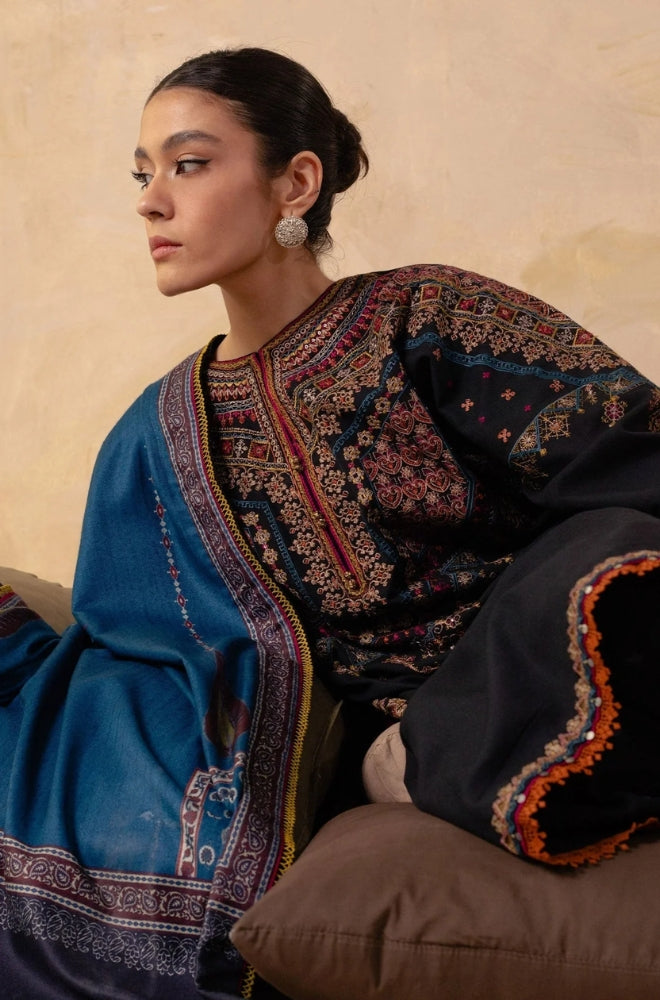 Zara Shah Jahan - 3PC Unstitched Dhanak Embroidered Shirt with Printed Shawl and Trouser - RF1290