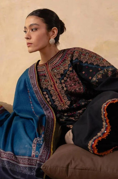 Zara Shah Jahan - 3PC Unstitched Dhanak Embroidered Shirt with Digital Printed Dupatta and Trouser - RF1290 Royal Pret