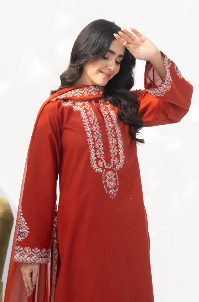 Rozana - 3PC Lawn Embroidered Shirt with Embroidered Chiffon Dupatta (Unstitched) - RF1345