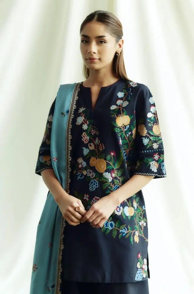 Zara Shah Jahan - 3PC Unstitched Dhanak Embroidered Shirt with Dhanak Embroidered Shawl and Trouser - RF1267 Royal Pret