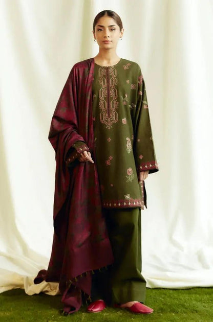 Zara Shah Jahan - 3PC Unstitched Dhanak Embroidered Shirt with Printed Pashmina Shawl and Trouser - RF1268 Royal Pret
