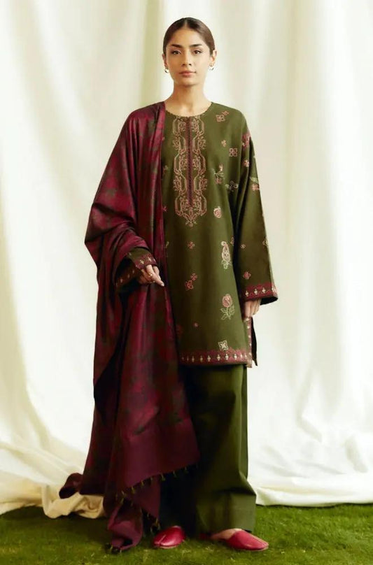 Zara Shah Jahan - 3PC Unstitched Dhanak Embroidered Shirt with Printed Pashmina Shawl and Trouser - RF1268 Royal Pret