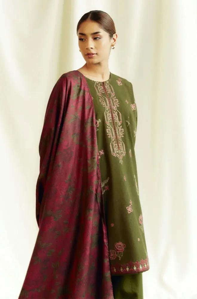 Zara Shah Jahan - 3PC Unstitched Dhanak Embroidered Shirt with Printed Pashmina Shawl and Trouser - RF1268 Royal Pret