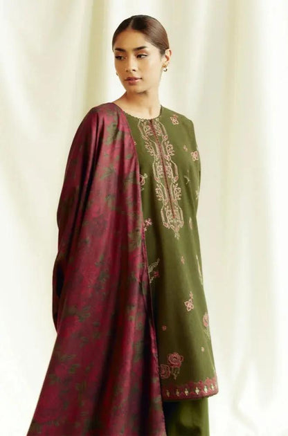 Zara Shah Jahan - 3PC Unstitched Dhanak Embroidered Shirt with Printed Pashmina Shawl and Trouser - RF1268 Royal Pret