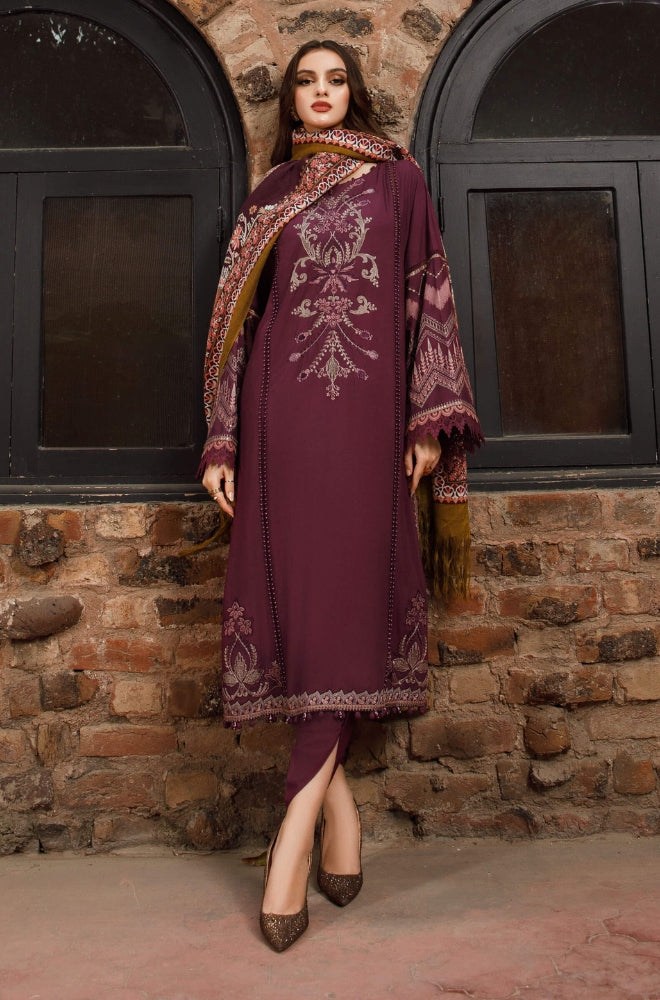 Maria B - 3PC Unstitched Dhanak Embroidered Shirt with Printed Shawl and Trouser - RF1203