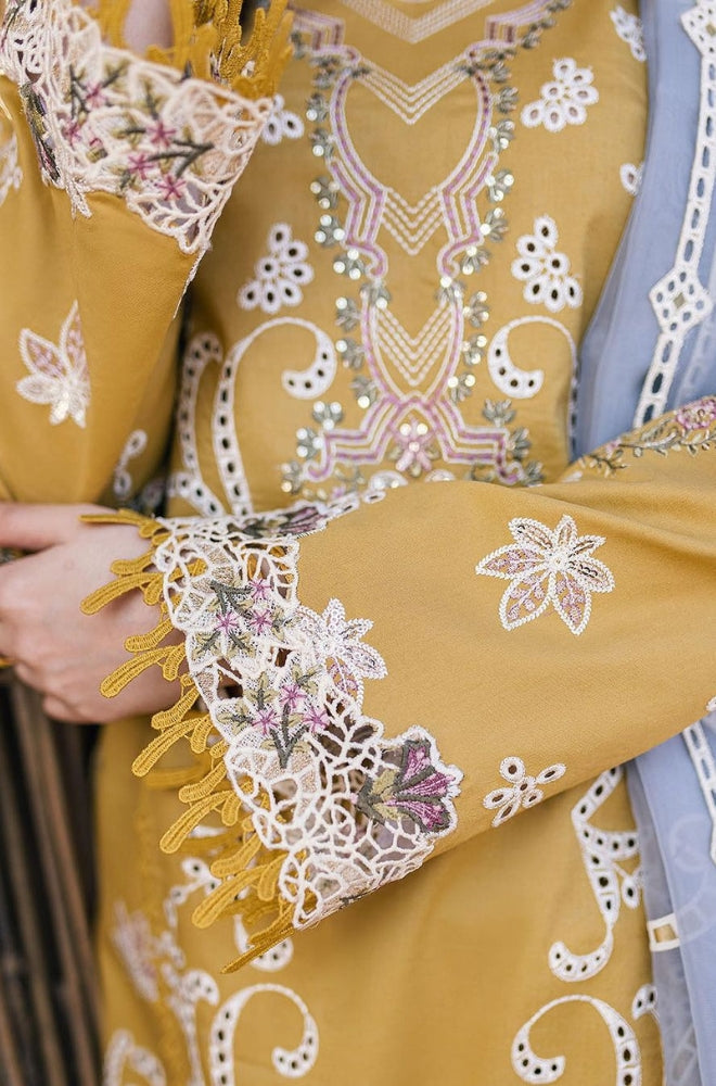 Qalamkaar - 3PC Unstitched Lawn Chicken Kari Embroidered Shirt with Printed Slub Net Dupatta with Embroidered Patch - RF1040