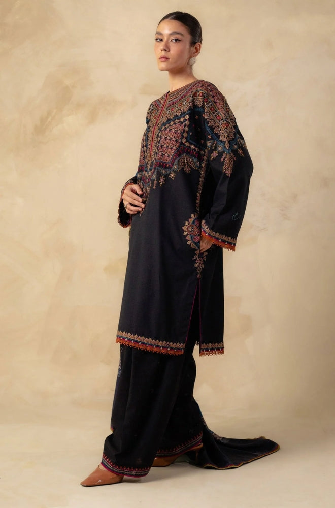 Zara Shah Jahan - 3PC Unstitched Dhanak Embroidered Shirt with Printed Shawl and Trouser - RF1290