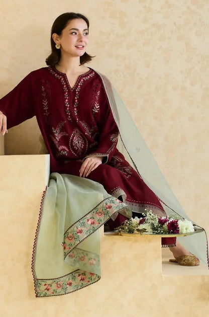 Mishkaa - 3PC Lawn Embroidered Shirt with Embroidered Chiffon Dupatta (Unstitched) - RF1360 Royal Pret