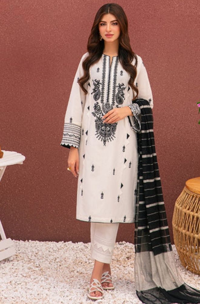 Asim Jofa - 3PC Lawn Embroidered Shirt with Printed Cotton Net Dupatta - RF1021