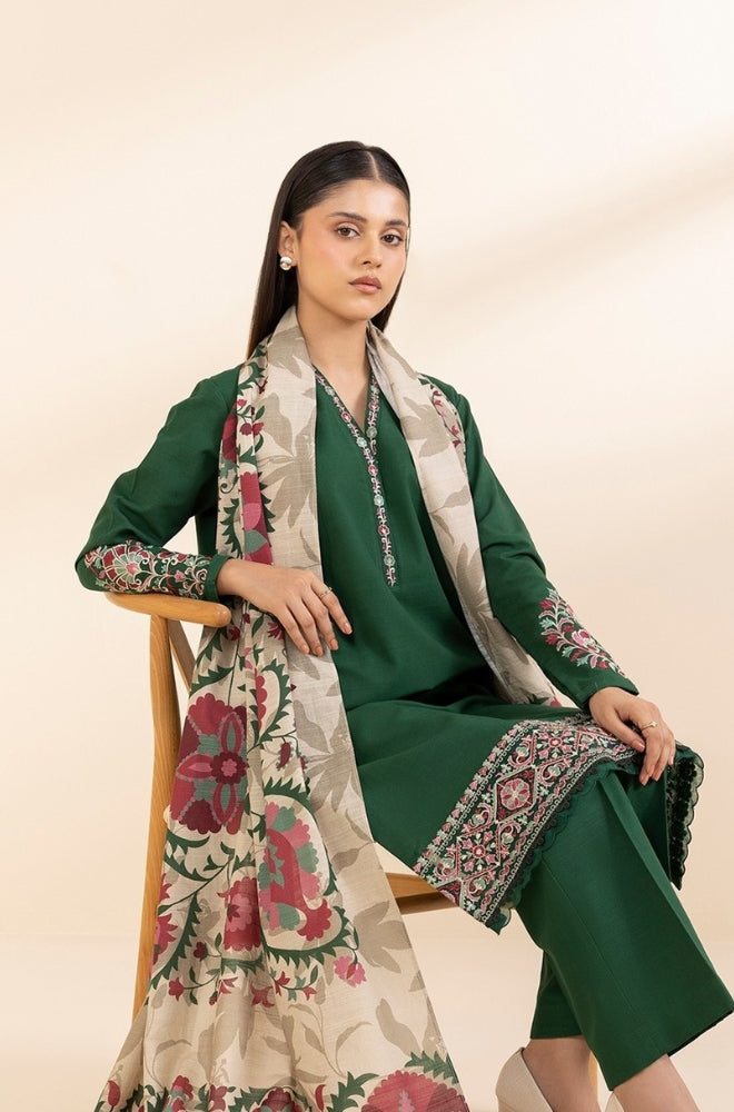 Sapphire - 3PC Unstitched Khaddar Embroidered Front with Digital Printed Dupatta and Trouser - RF1277
