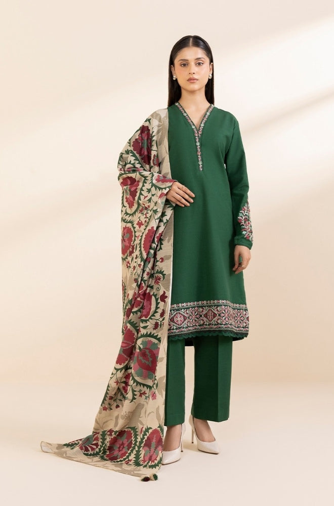 Sapphire - 3PC Unstitched Khaddar Embroidered Front with Digital Printed Dupatta and Trouser - RF1277