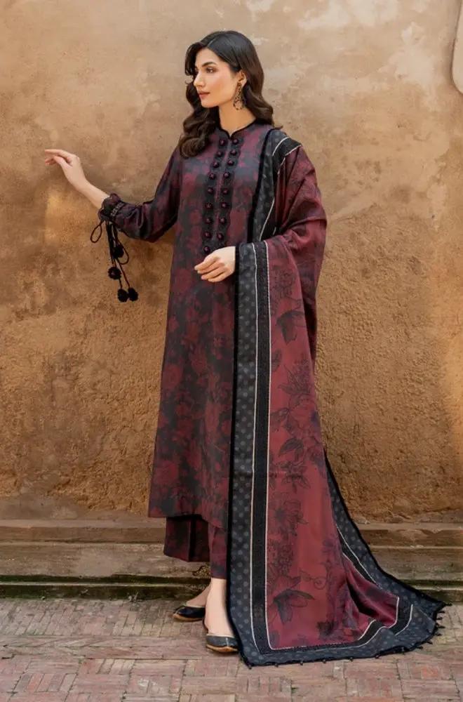 Baroque - 3PC Unstitched Printed Khaddar Shirt with Printed Khaddar Dupatta and Same Printed Trouser - RF1241 Royal Pret