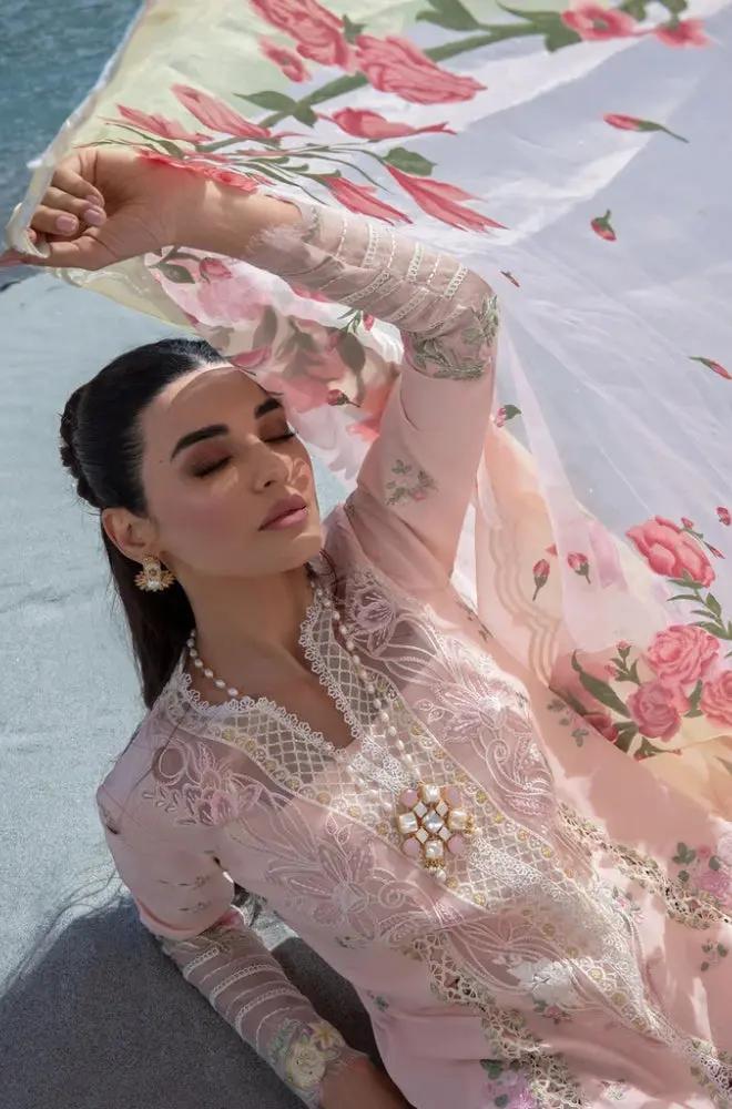 Crimson - 3PC Unstitched Linen Embroidered Boring Front with Printed Pashmina Wool Shawl and Trouser - RF1232 Royal Pret