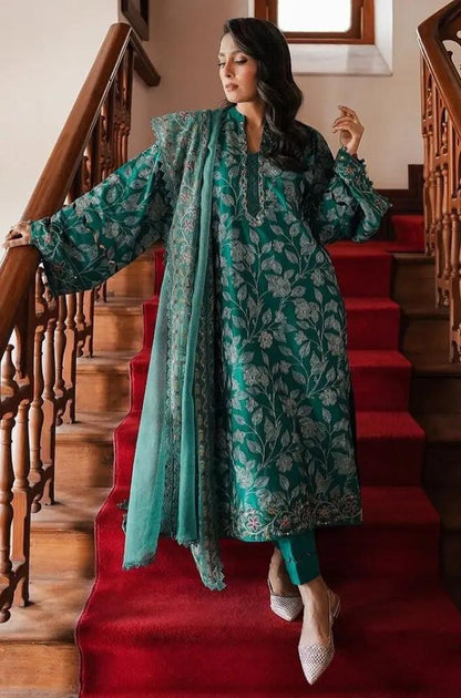 Cross Stitch - 3PC Unstitched Dhanak Embroidered Shirt with Embroidered Slub Net dopatta and Trouser - RF1185 royalpret