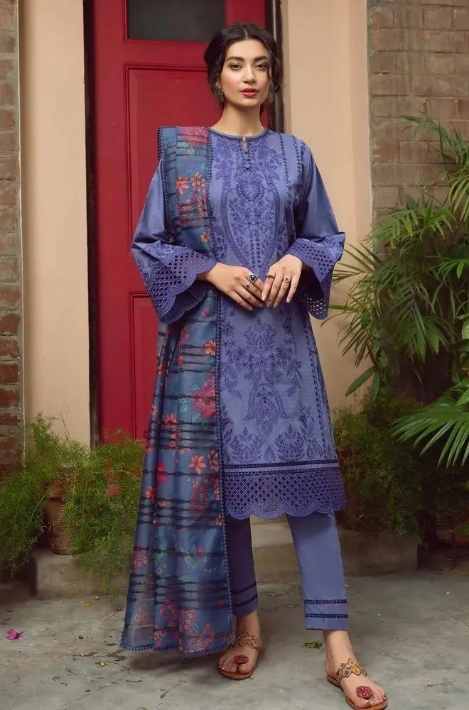 Jazmin - 3PC Unstitched Lawn Chicken Kari Embroidered Shirt with Printed Slub Net Dupatta - RF1018 royalpret