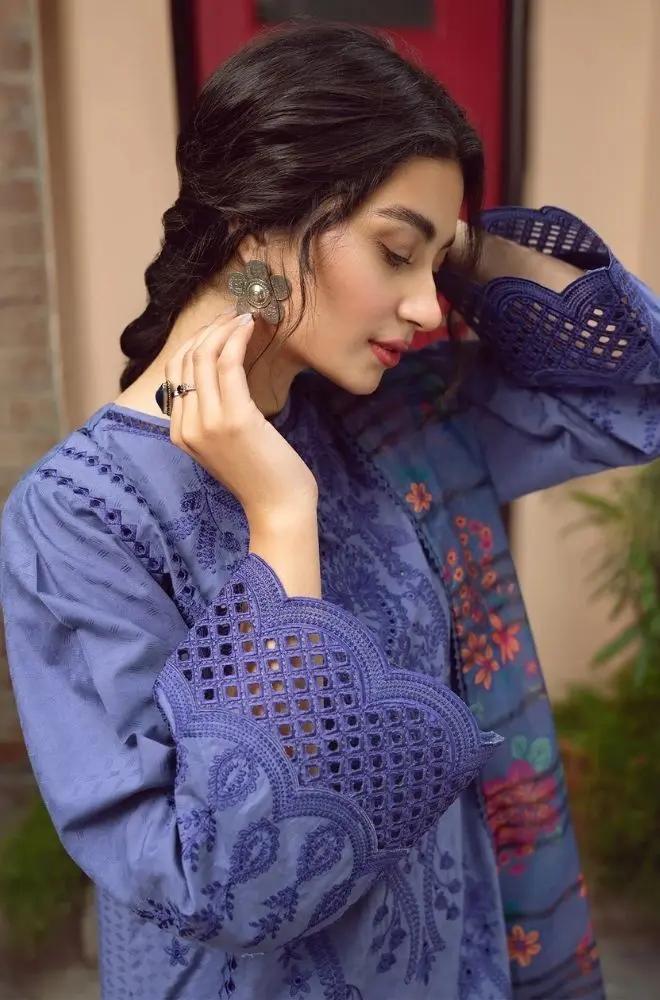 Jazmin - 3PC Unstitched Lawn Chicken Kari Embroidered Shirt with Printed Slub Net Dupatta - RF1018 royalpret