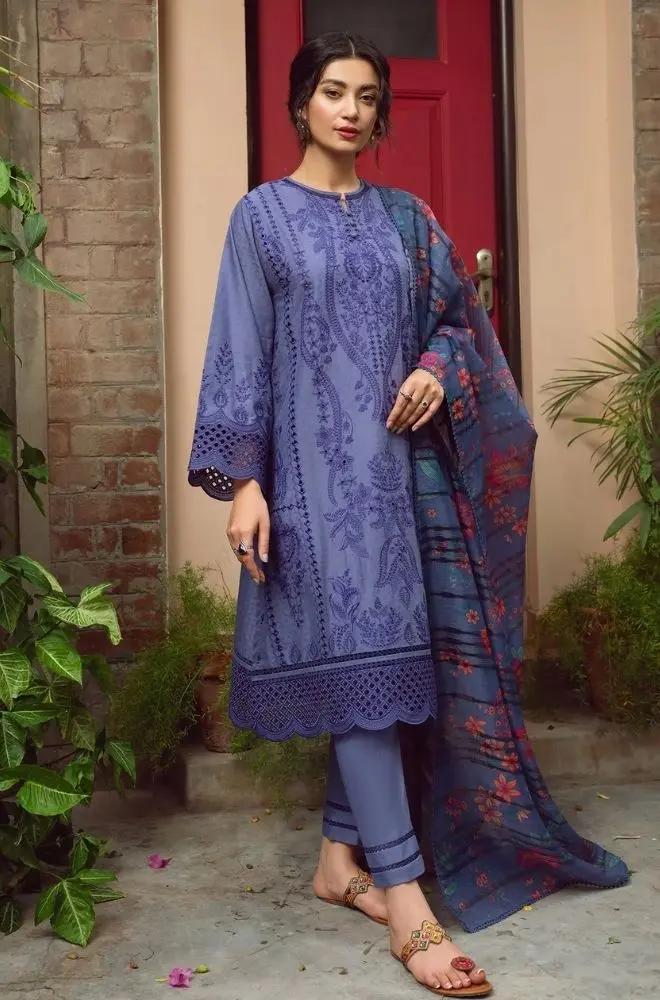 Jazmin - 3PC Unstitched Lawn Chicken Kari Embroidered Shirt with Printed Slub Net Dupatta - RF1018 royalpret
