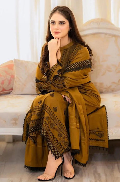 Libaas - 3PC Unstitched Dhanak Embroidered Shirt with Dhanak Embroidered Dupatta and Trouser - RF1289 Royal Pret