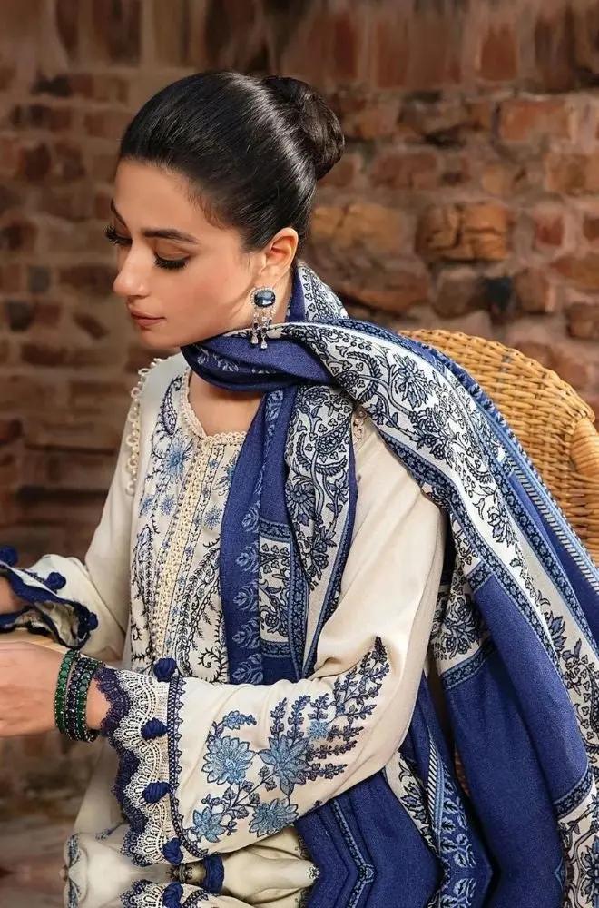 Maria B - 3PC Unstitched Dhanak Embroidered Shirt with Printed Dupatta and Trouser - RF1198 royalpret