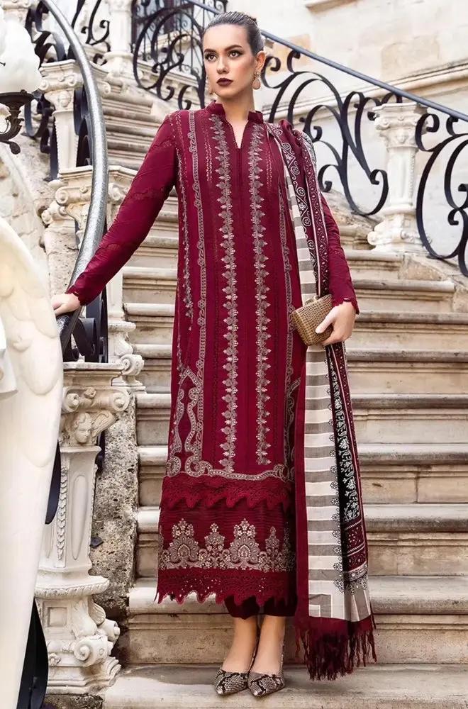 Maria B - 3PC Unstitched Dhanak Embroidered Shirt with Printed Wool Shawl and Trouser - RF1253 Royal Pret