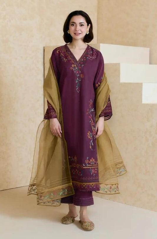 Mishkaa - 3PC Lawn Embroidered Shirt with Embroidered Chiffon Dupatta (Unstitched) - RF1332 royalpret