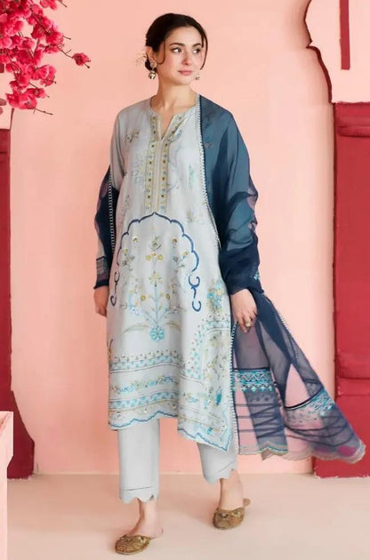 Mishkaa - 3PC Lawn Embroidered Shirt with Embroidered Khadi Net Dupatta (Unstitched) - RF1336 royalpret